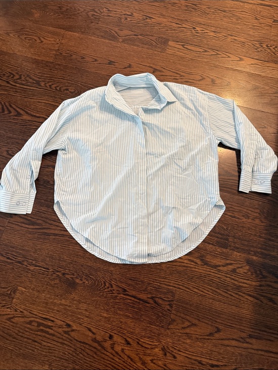 Daily Drills Tops - Daily Drills Light Blue and White Striped Shirt with Logo Patch